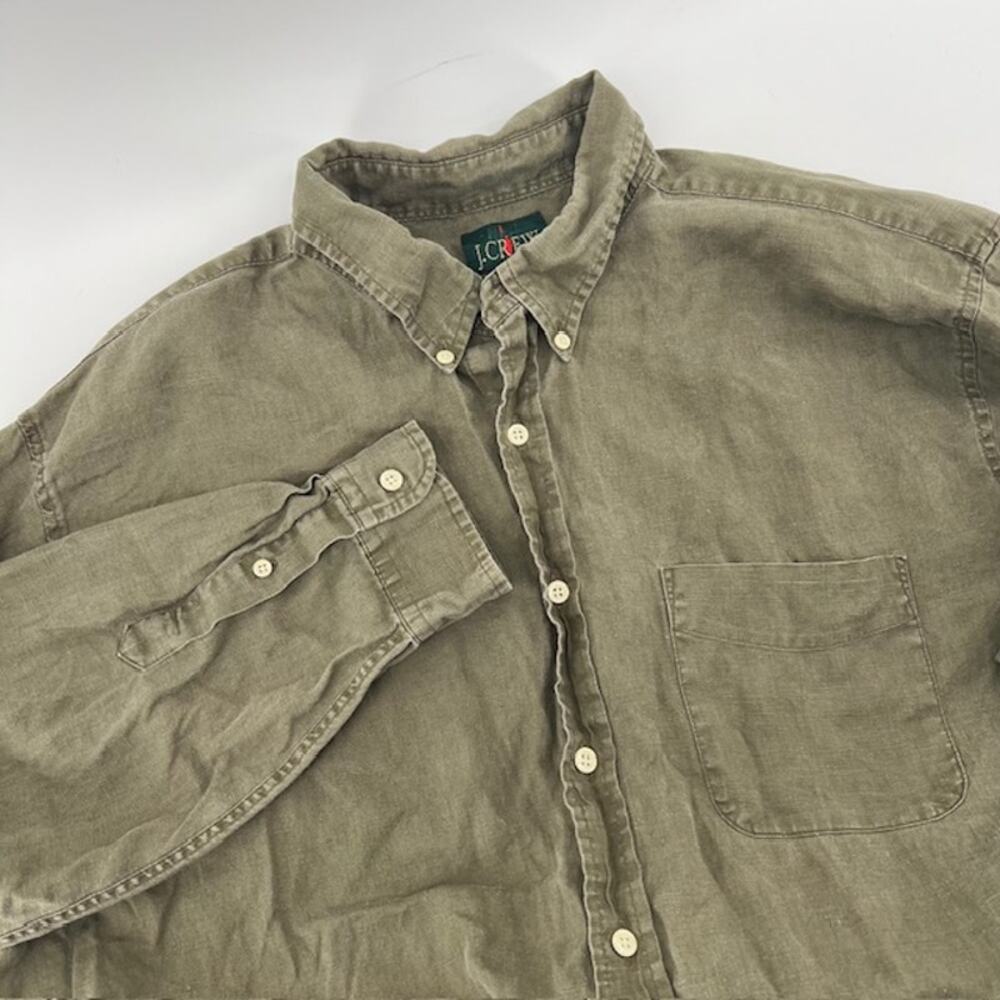 VTG 90s J.Crew 100% Linen Button Down Shirt Mens XL Green Preppy Red Oarsman